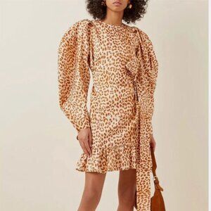 ULLA JOHNSON Rosaria Dress in Tan Cheetah Print Silk Sz 12 Like New